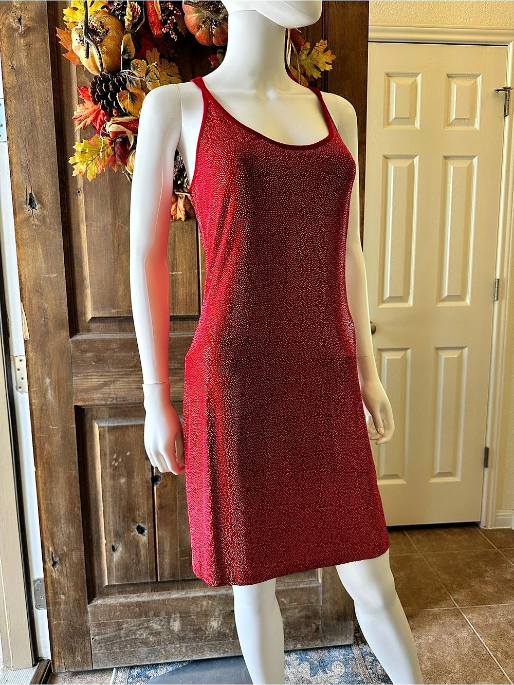 GRAYSE Red Strappy Beaded Mini Dress Size Small Like New
